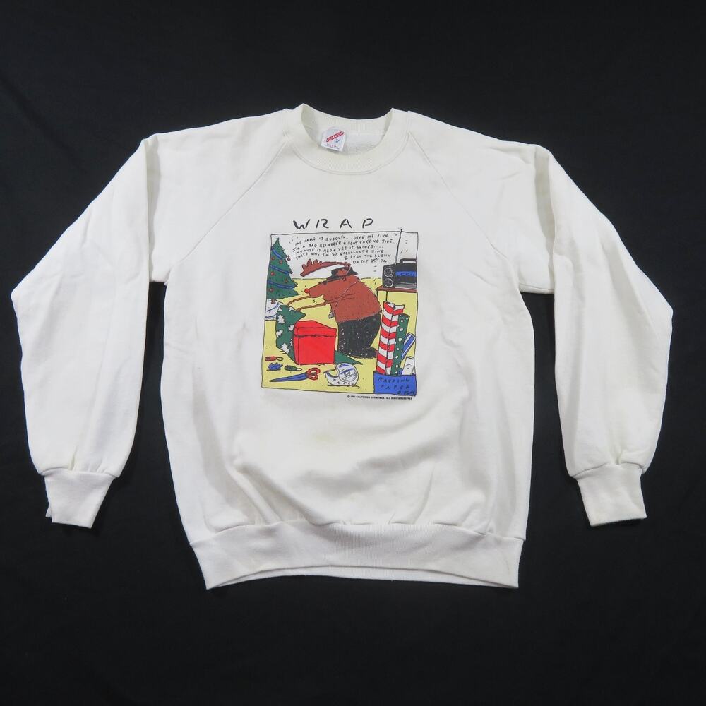 Funny Christmas Sweatshirt Rap Reindeer Rapping Wrap White Made USA Sz L 1990s